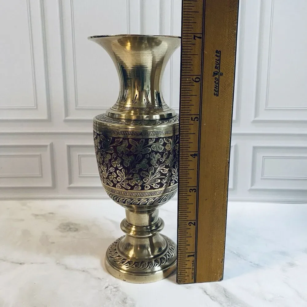 Vintage Brass Pedestal Etched Floral Footed Vase 7”